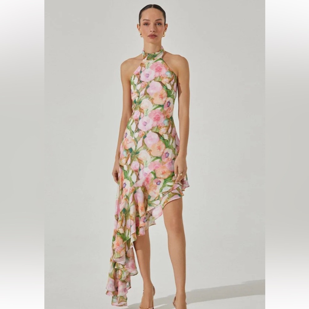 Astr Asymmetrical Floral Dress in Pink and Green